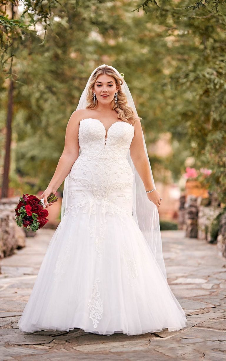 Plus size strapless fit-and-flare wedding dress