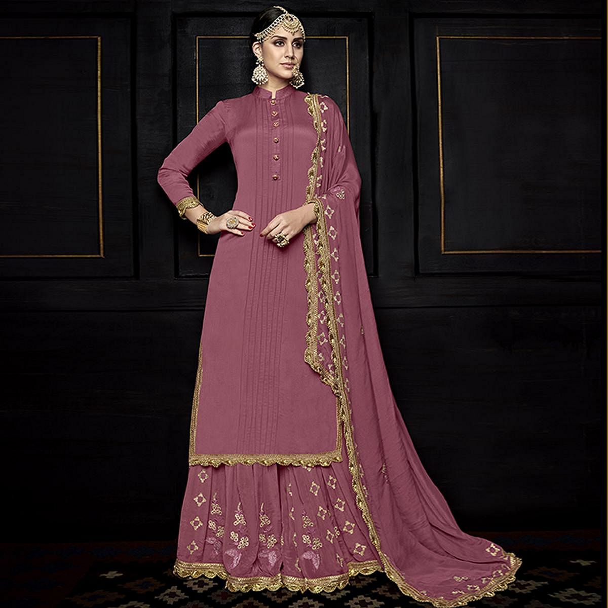 Mauve colored party wear embroidered viscose palazzo suit from peachmode