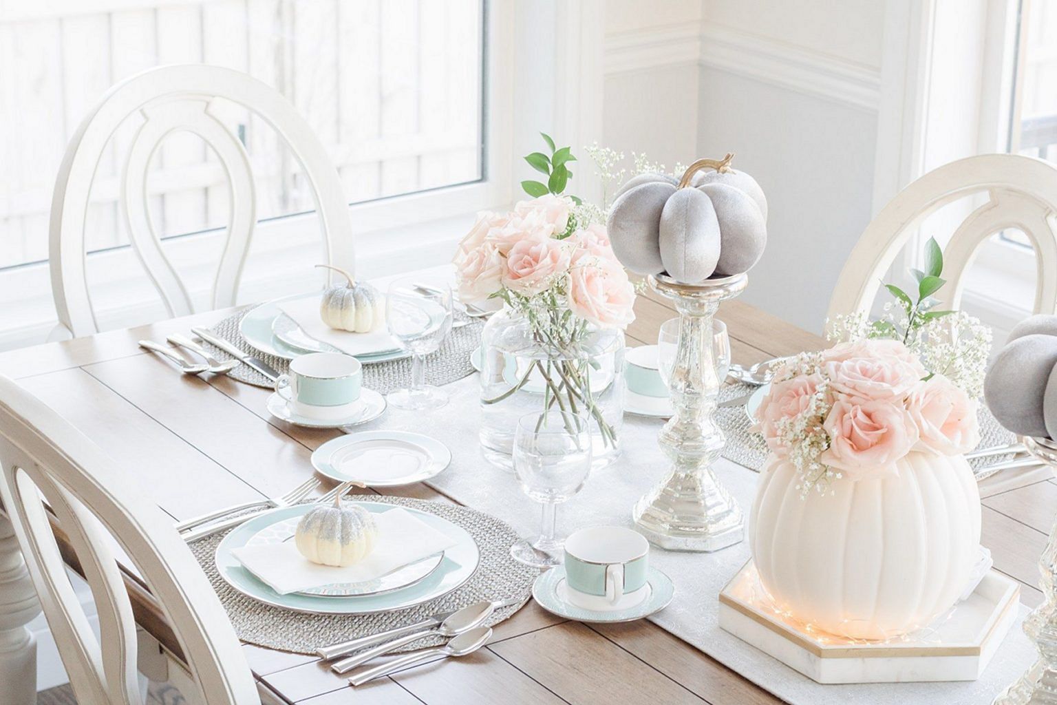 Blush and aqua fall tablescape from chandeliersandchampagne