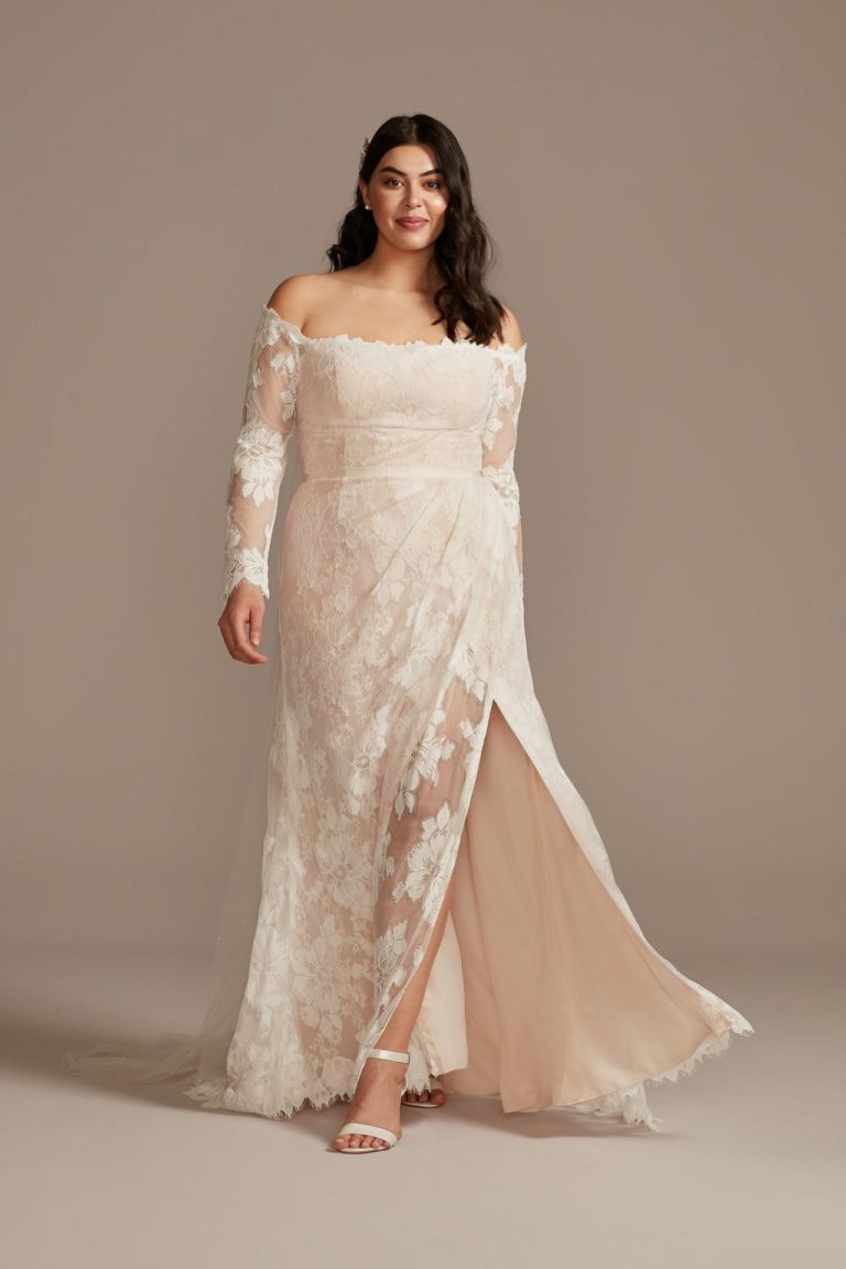 Floral lace long sleeve plus size wedding dress