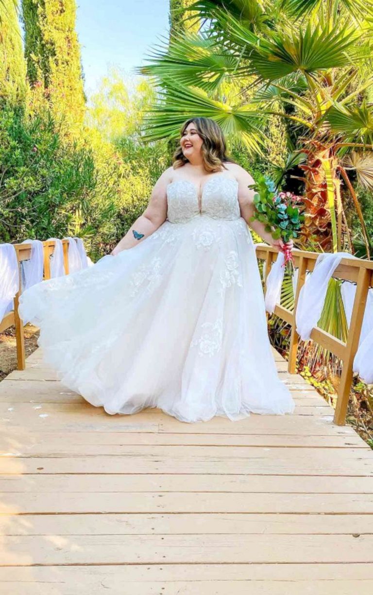 Romantic strapless plus size wedding dress with sparkle