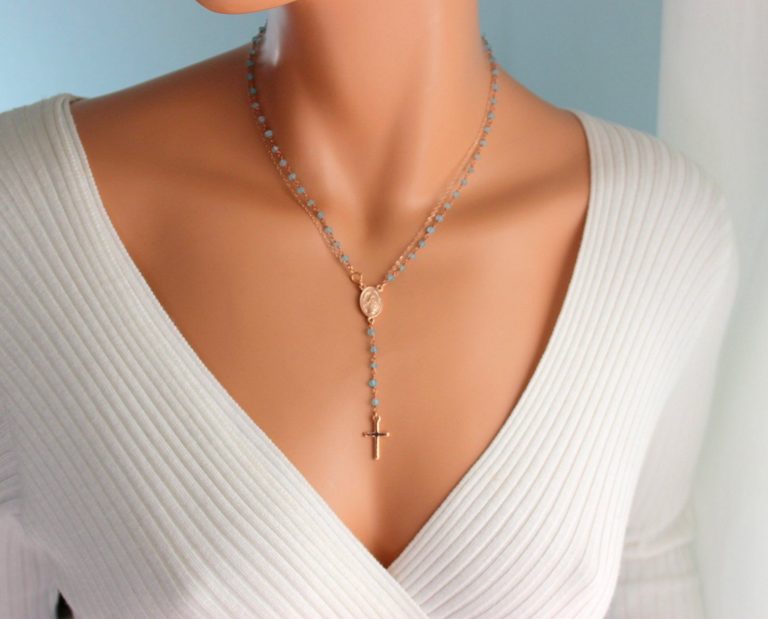 Rose gold rosary necklace women