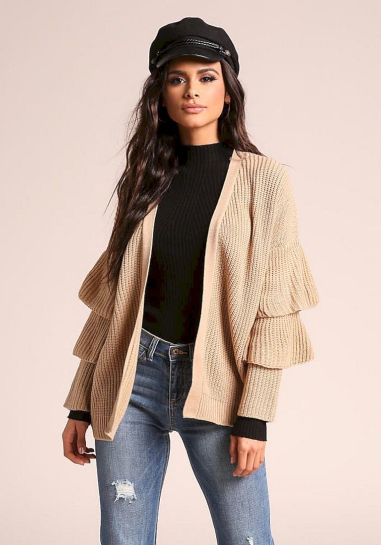 Taupe tiered bell sleeve knit cardigan