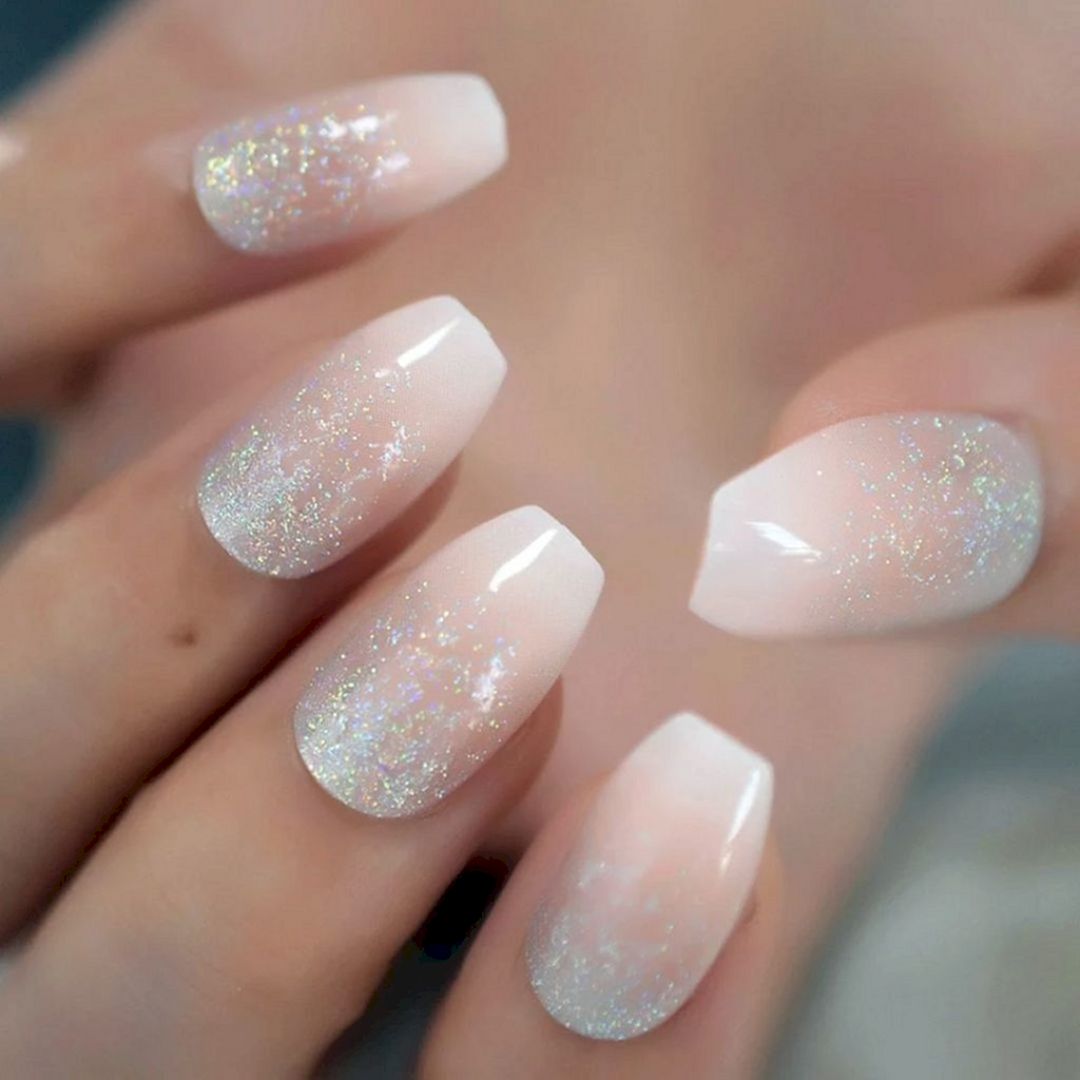 Nude ombre holographic silver glitter fake nails from vettsy